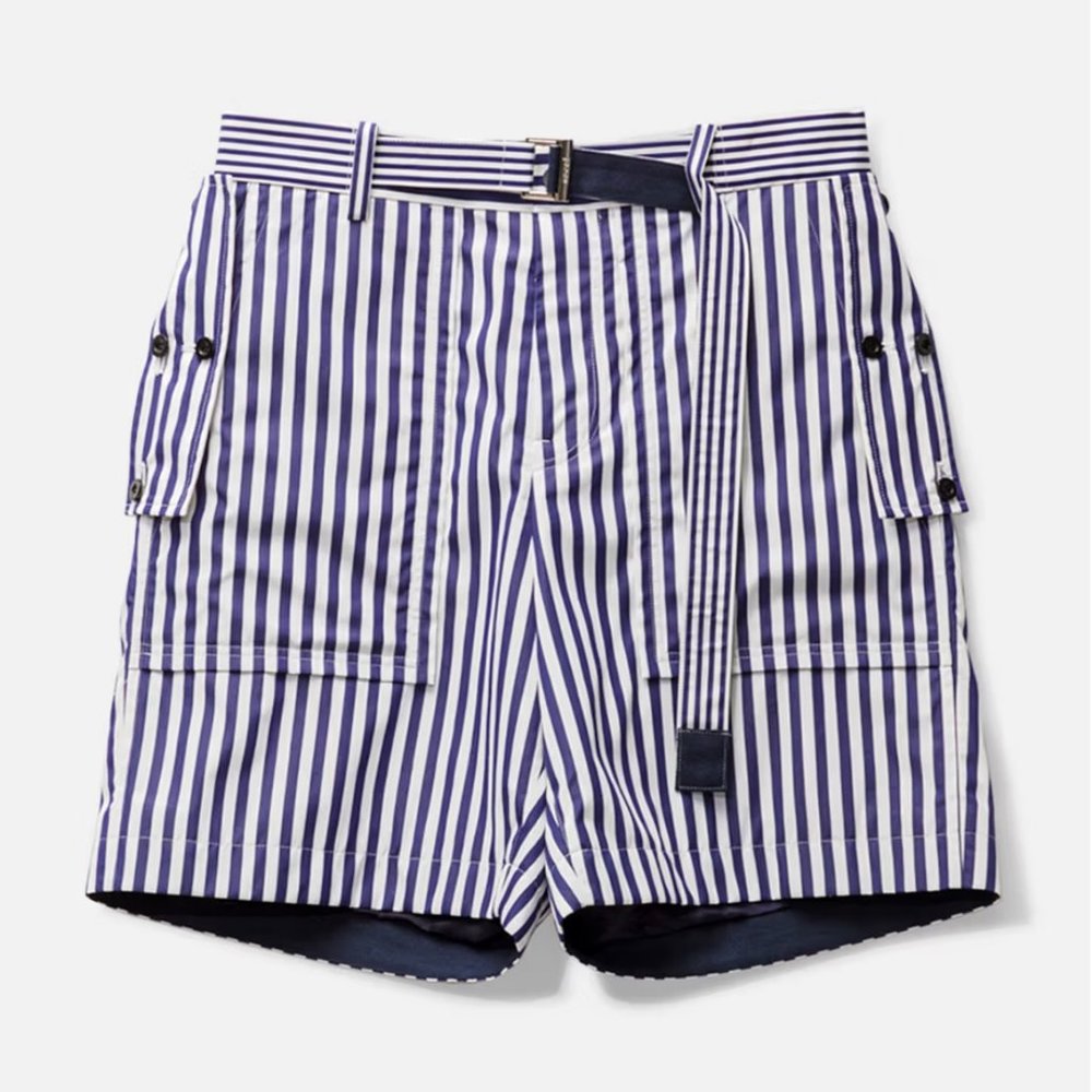 SACAI THOMAS MASON COTTON POPLIN SHORTS Vertical  Stripe Print - Integrated Belt